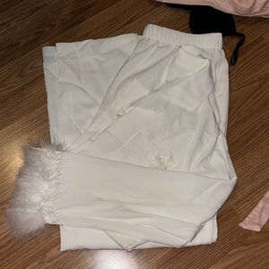 White Pajama Pants with Faux Fur Trim